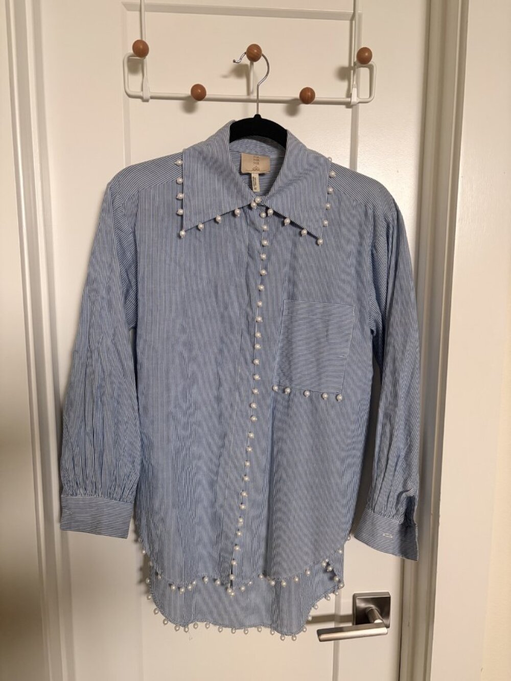 Me Me Me Pearl Embellished Blue Striped Button Down Shirt XS